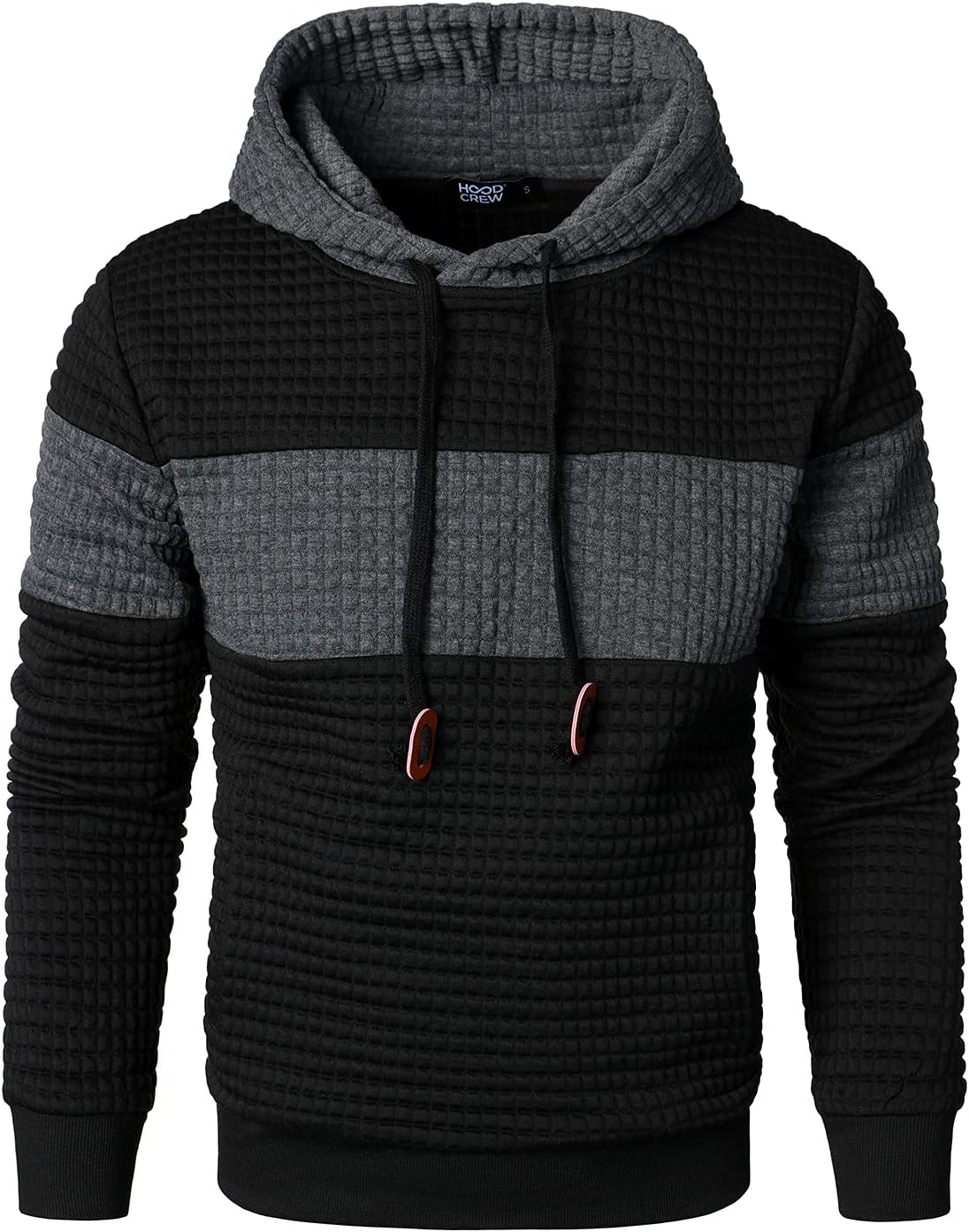 HOOD CREW Men’s Sweatshirts Long Sleeve Pullover Patchwork Plaid Jacquard Hoodie Casual Drawstring Hoody Top