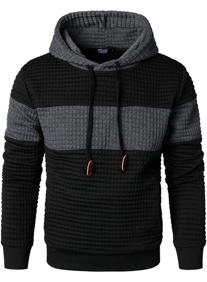 HOOD CREW Men’s Sweatshirts Long Sleeve Pullover Patchwork Plaid Jacquard Hoodie Casual Drawstring Hoody Top