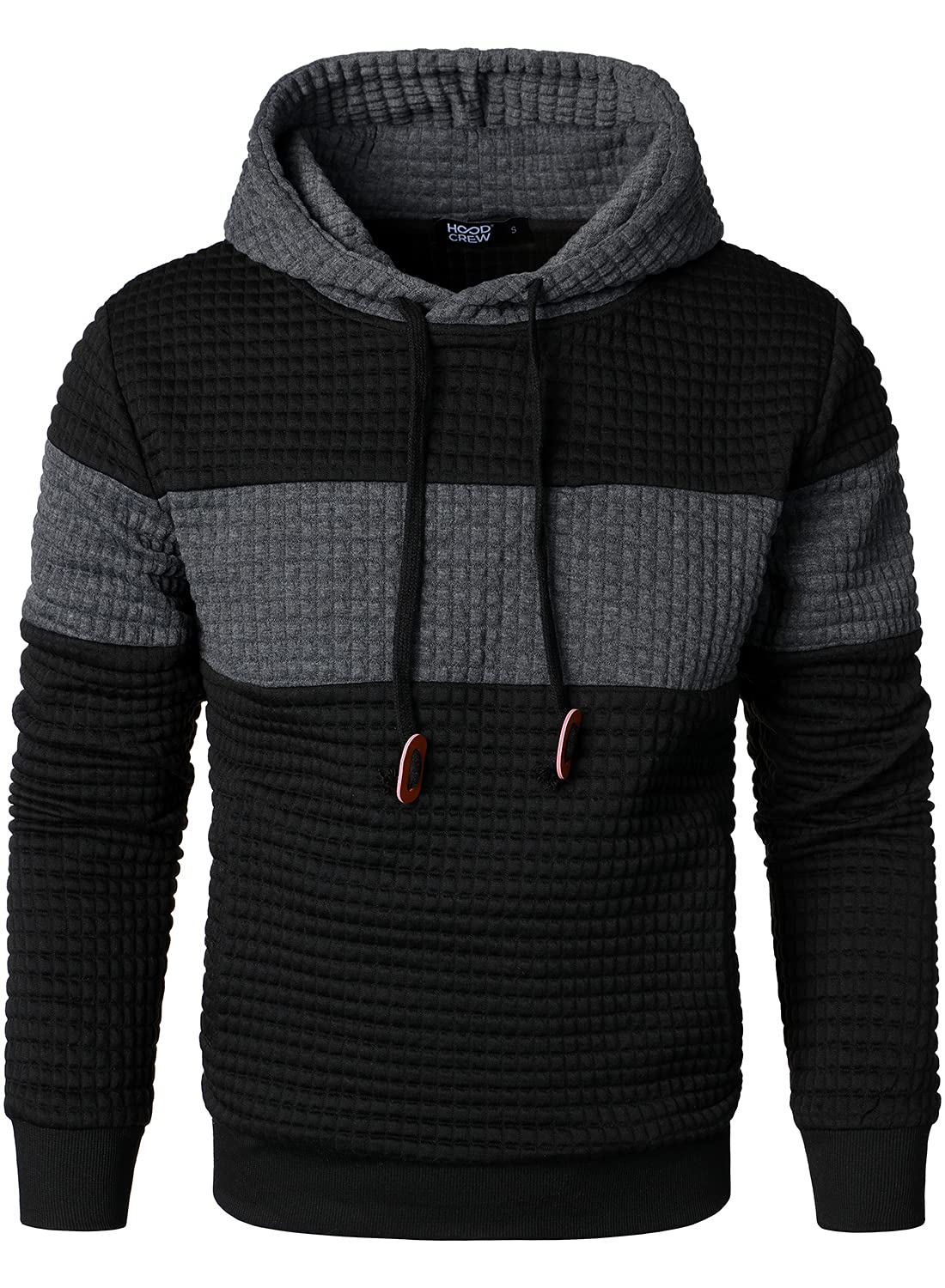 HOOD CREW Men’s Sweatshirts Long Sleeve Pullover Patchwork Plaid Jacquard Hoodie Casual Drawstring Hoody Top