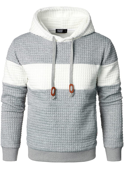 HOOD CREW Men’s Sweatshirts Long Sleeve Pullover Patchwork Plaid Jacquard Hoodie Casual Drawstring Hoody Top