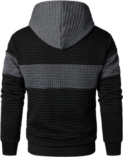 HOOD CREW Men’s Sweatshirts Long Sleeve Pullover Patchwork Plaid Jacquard Hoodie Casual Drawstring Hoody Top