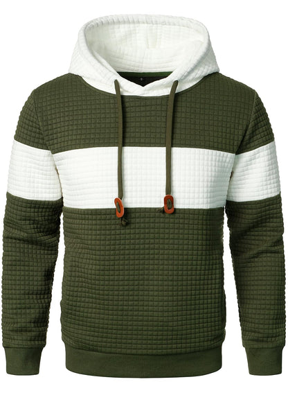 HOOD CREW Men’s Sweatshirts Long Sleeve Pullover Patchwork Plaid Jacquard Hoodie Casual Drawstring Hoody Top